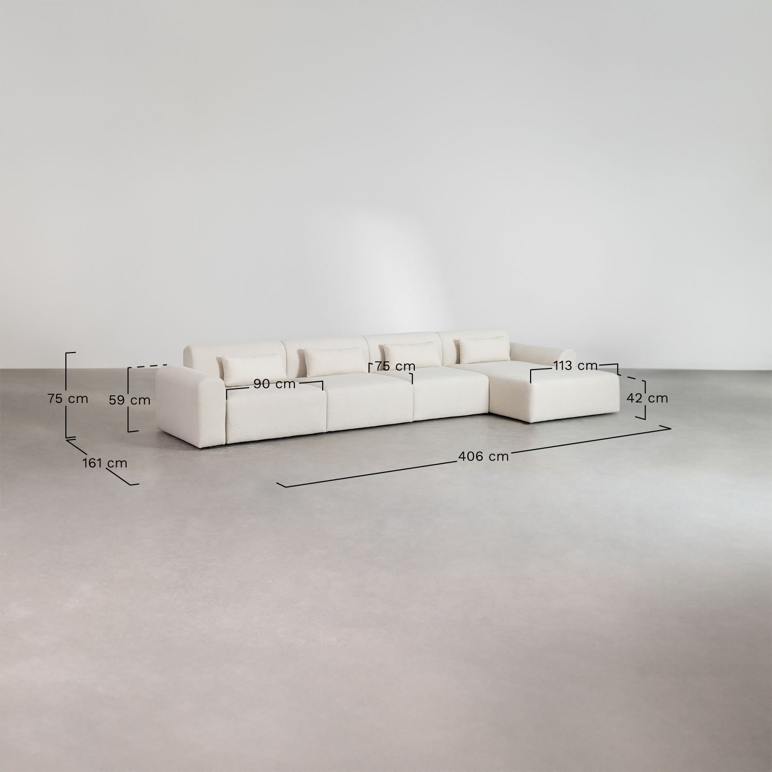 Sofá modular chaise longue direito de 4 peças 2 puffs em borreguito Borjan, Dimensões