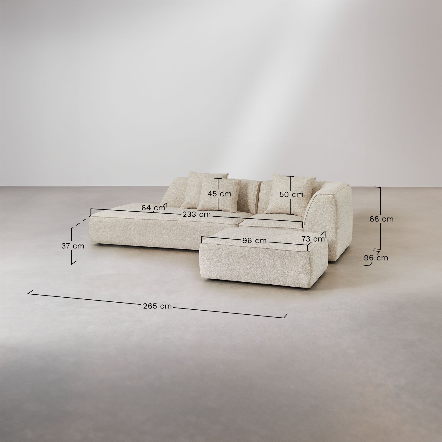 Sofá de canto modular Cardea de 2 peças com chaise à esquerda e pufe estofado, Dimensões
