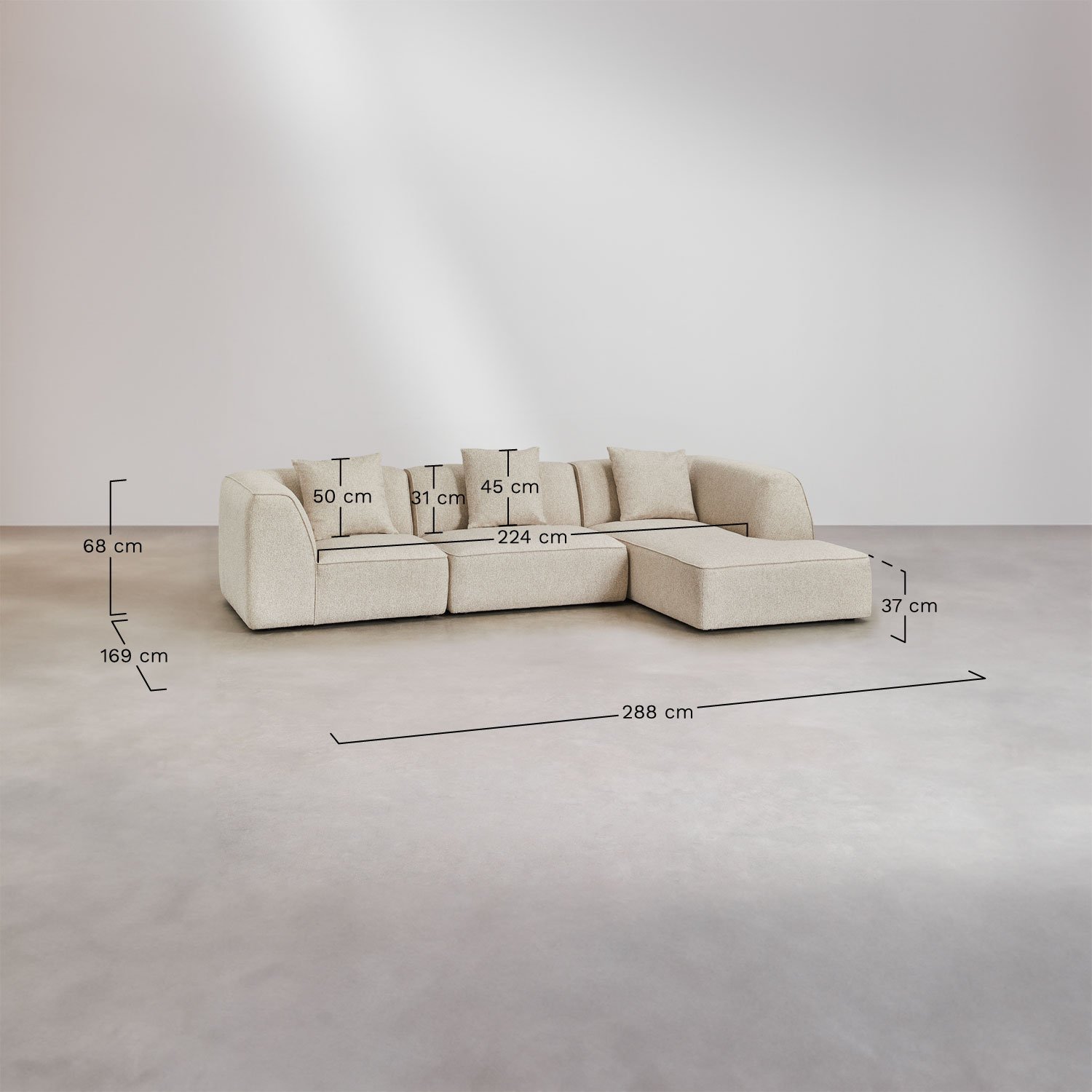 Sofá modular Cardea estofado de 3 peças com chaise longue lateral direita, Dimensões