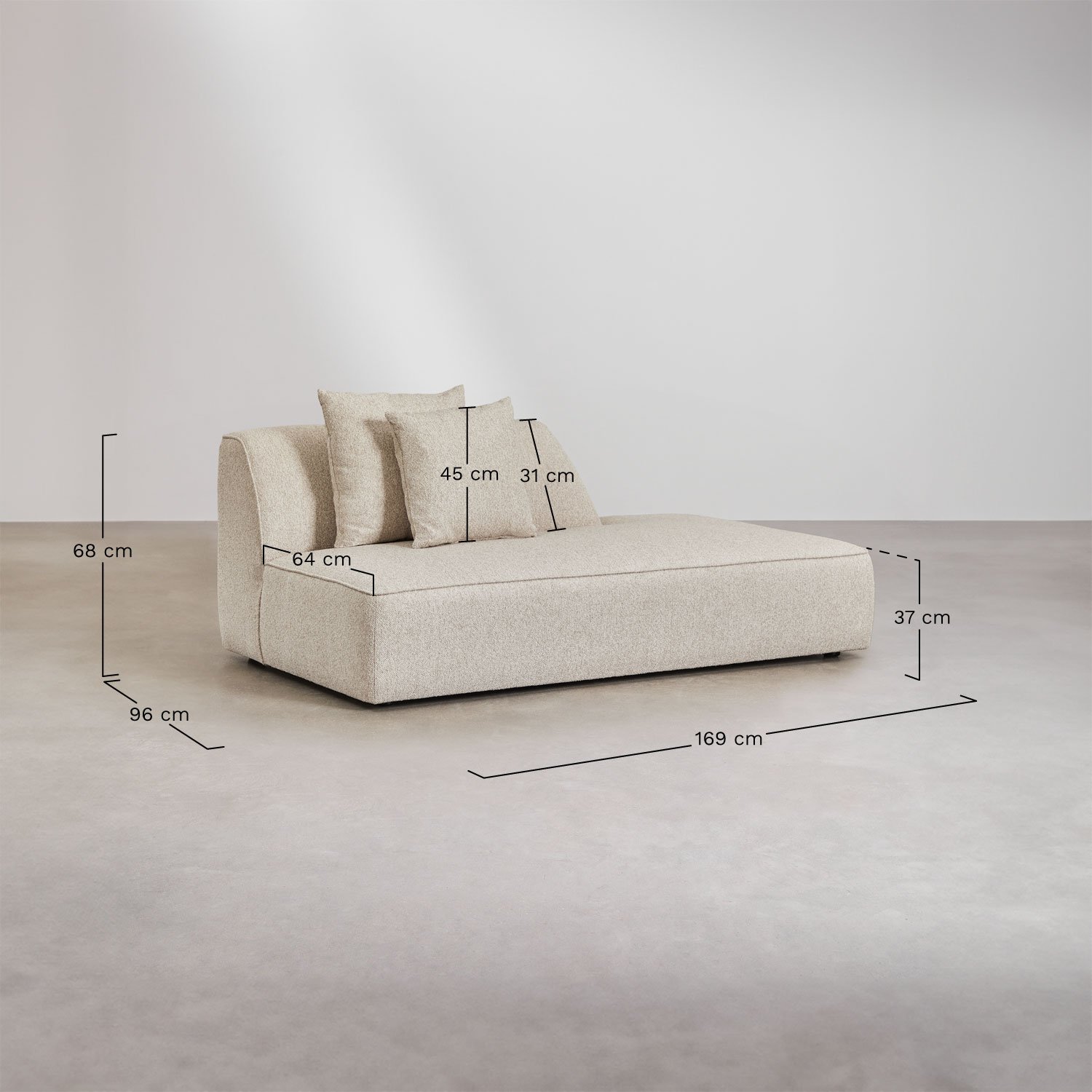 Divã direito para sofá modular estofado Cardea, Dimensões