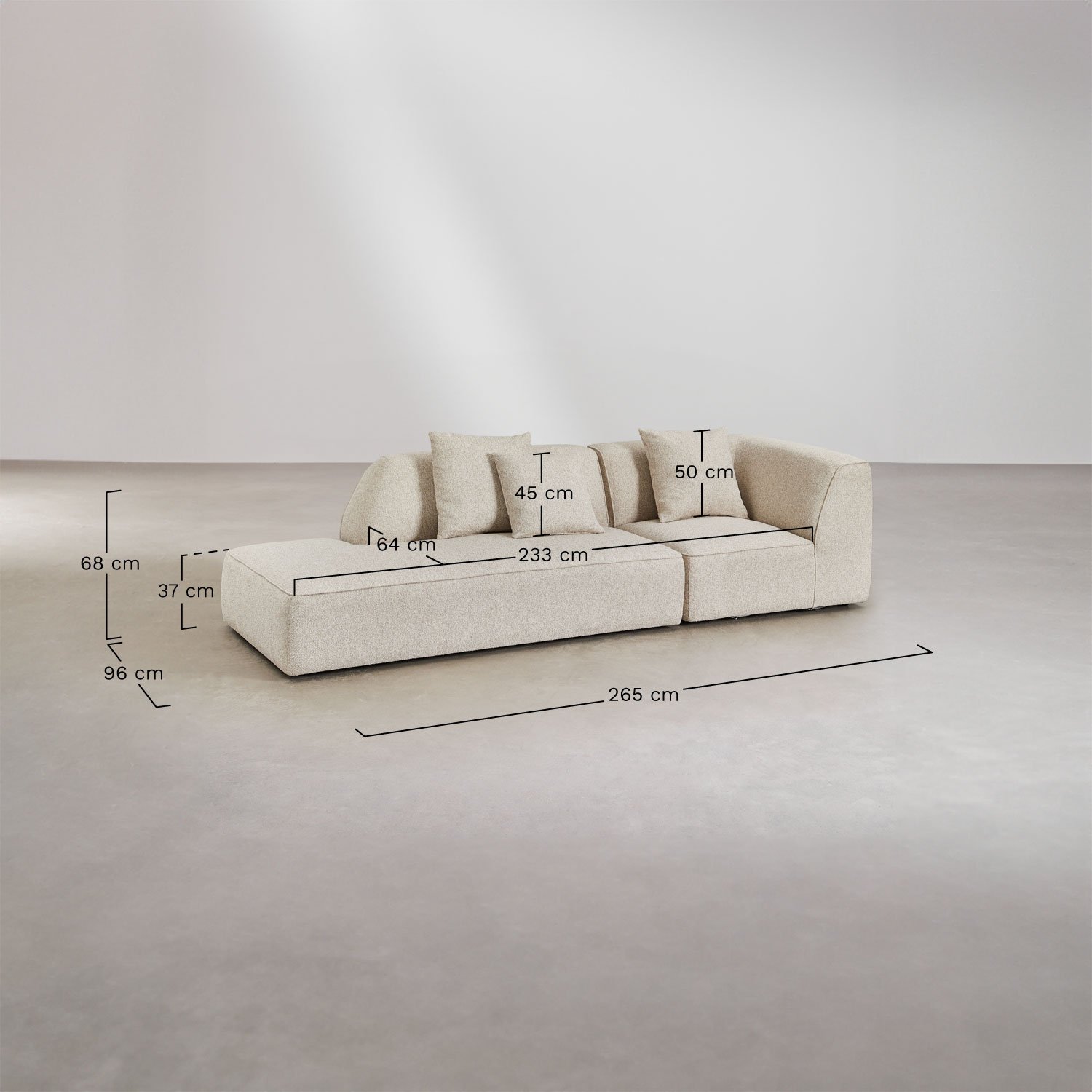 Sofá modular de canto estofado Cardea de 2 peças com chaise longue esquerda, Dimensões