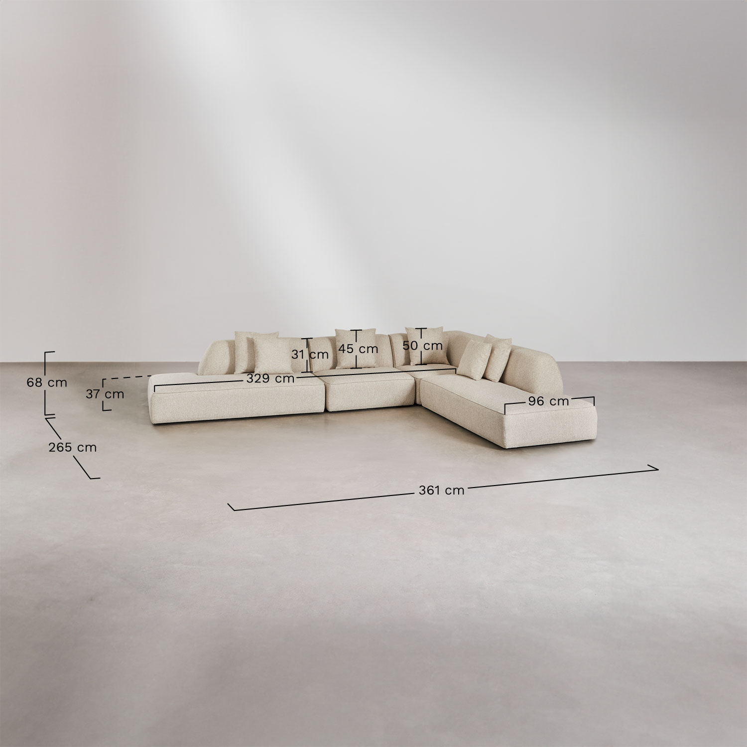 Sofá de canto modular Cardea de 4 peças com chaise dupla estofada, Dimensões