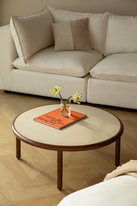 Mesa de centro redonda em madeira de acácia Olivia - Beige Semoline - Castanho-acácia escuro