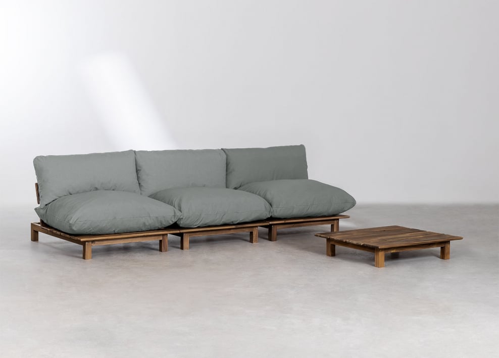 Conjunto de sala de estar com sofá reclinável modular de 3 peças e mesa de centro em madeira de acácia Brina - Cinza Antracite