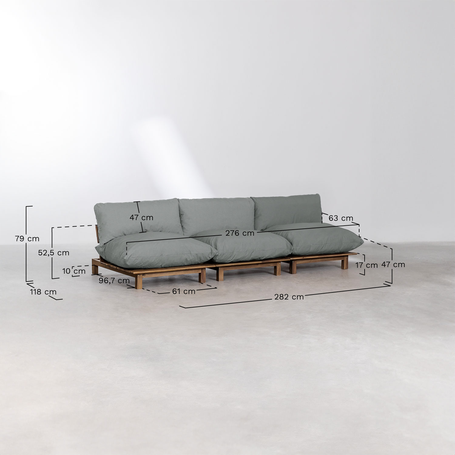 Conjunto de sala com sofá modular reclinável de 3 peças, mesa de centro e puff em madeira de acácia Brina, Dimens&otilde;es