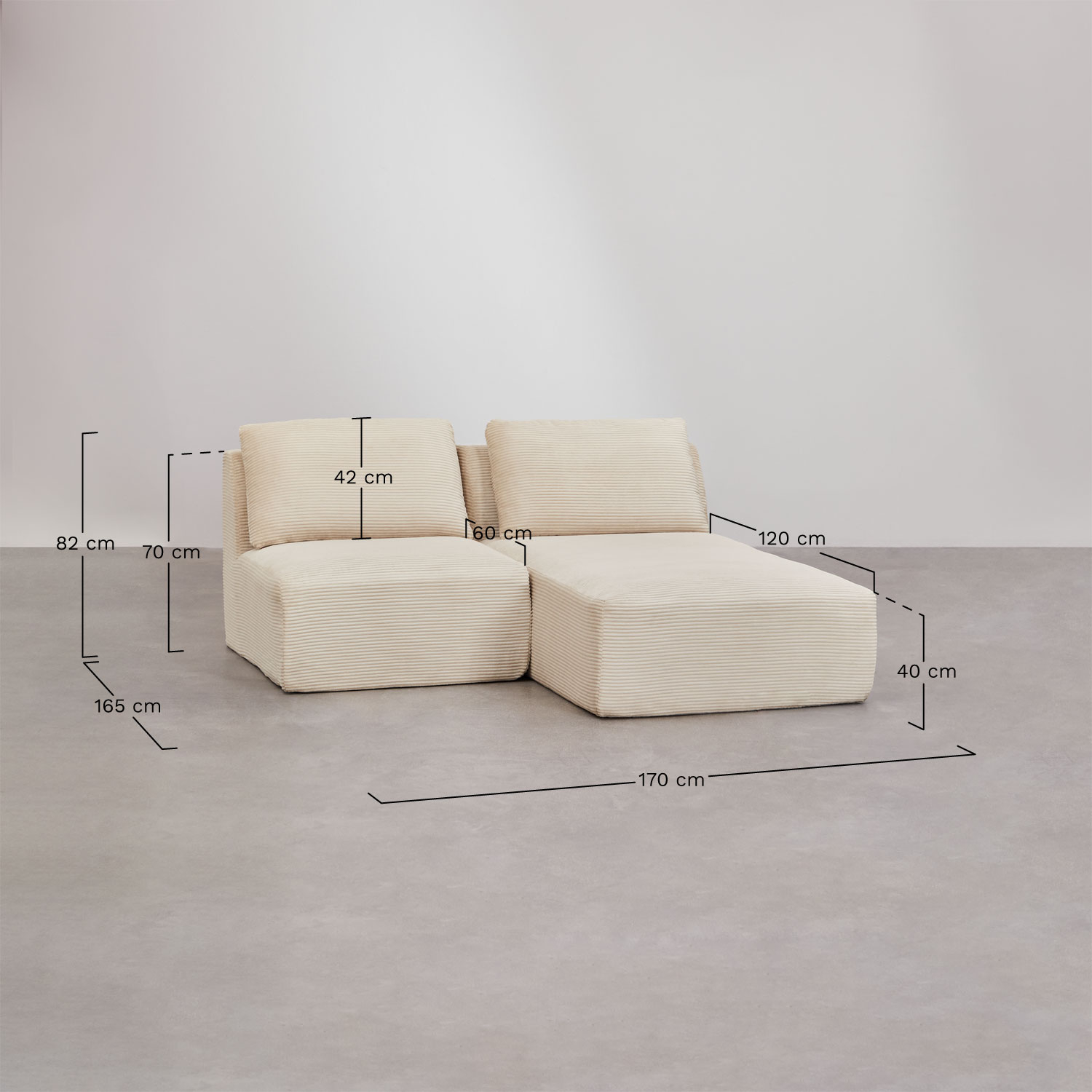 Sofá modular chaise longue direito de 2 peças em veludo embalado a vácuo Temple, Dimensões