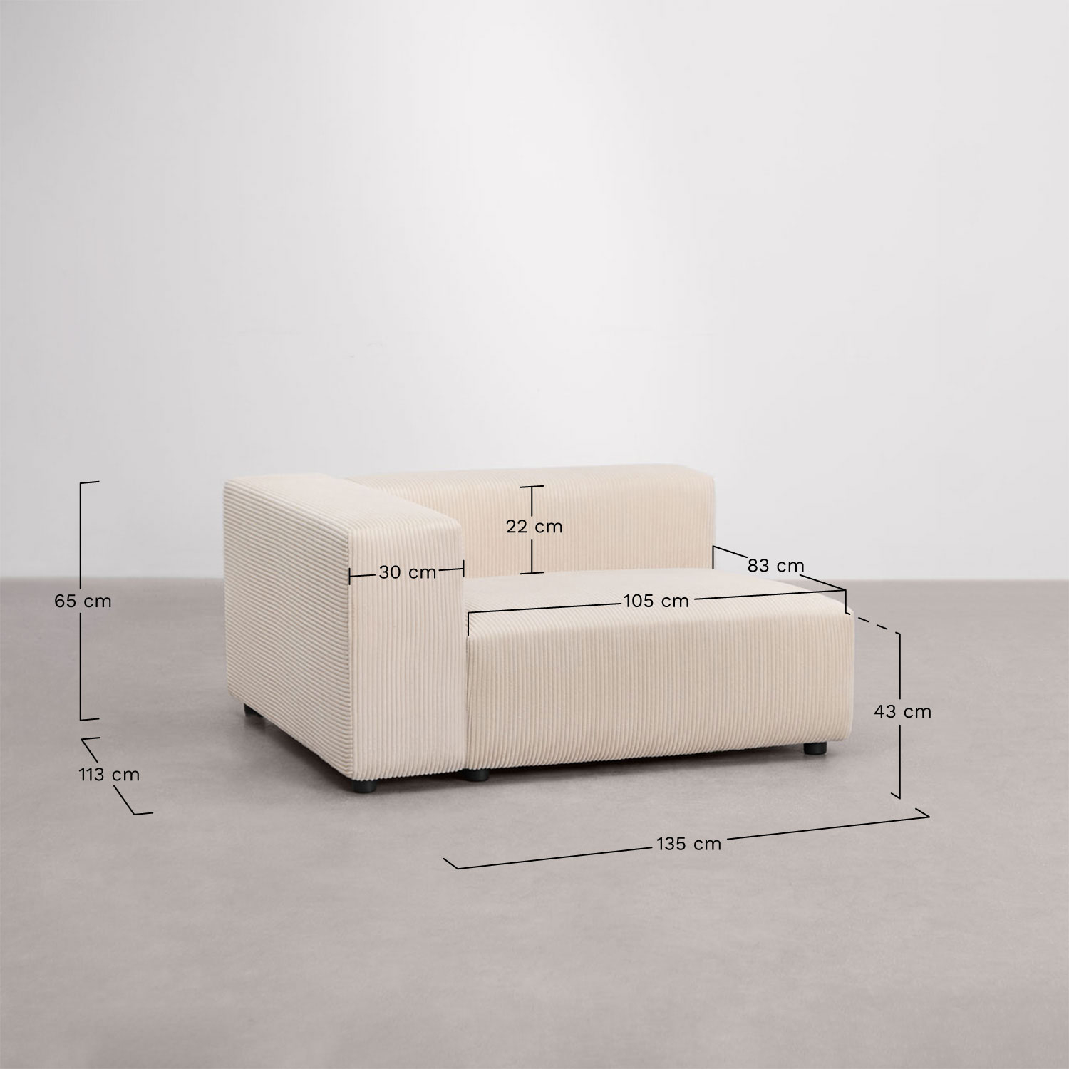 Módulo de canto esquerdo 135x113 cm com apoio de braço alto para sofá modular Bruna, Dimensões