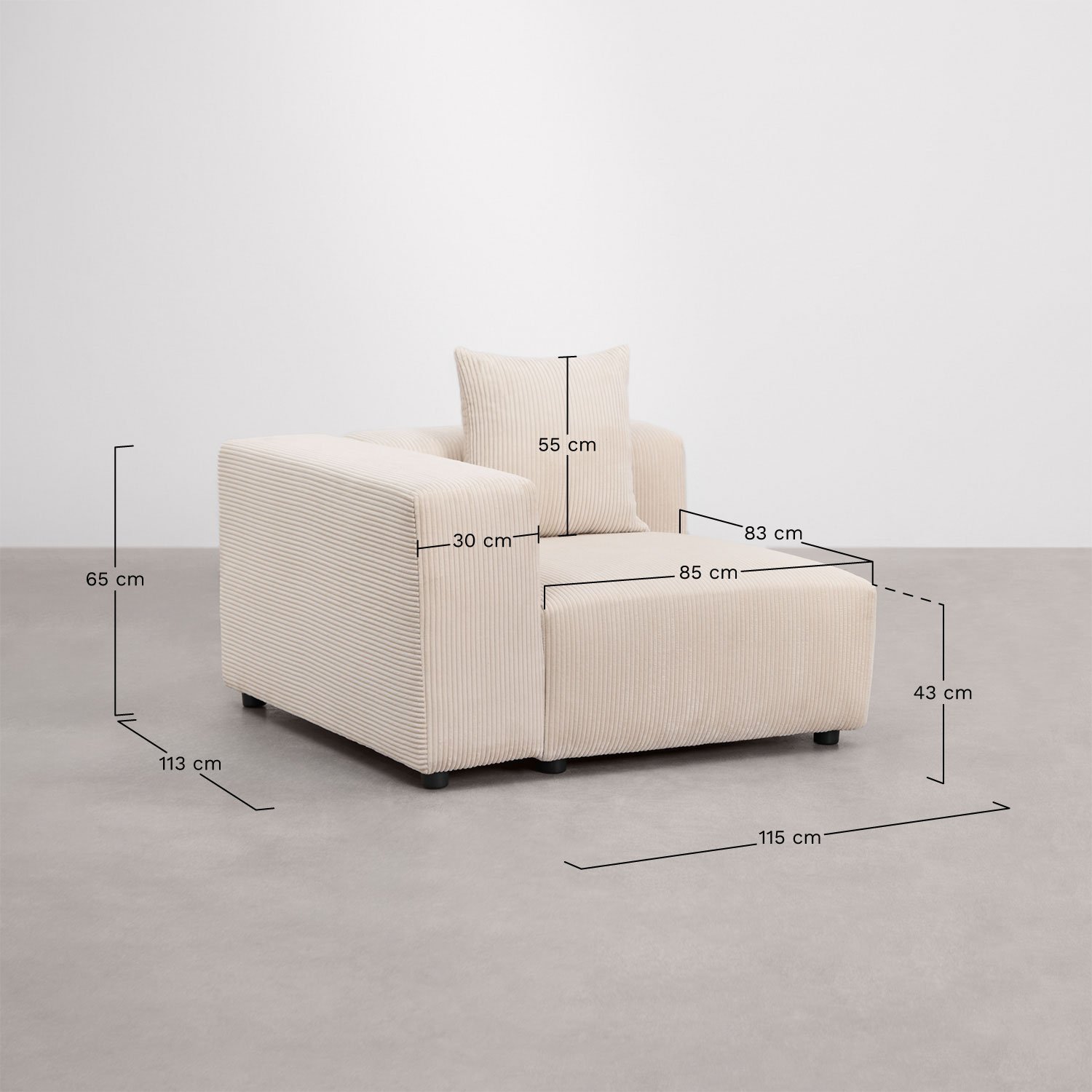 Módulo de canto esquerdo 115x113 cm com apoio de braço alto e almofada para sofá modular Bruna, Dimensões