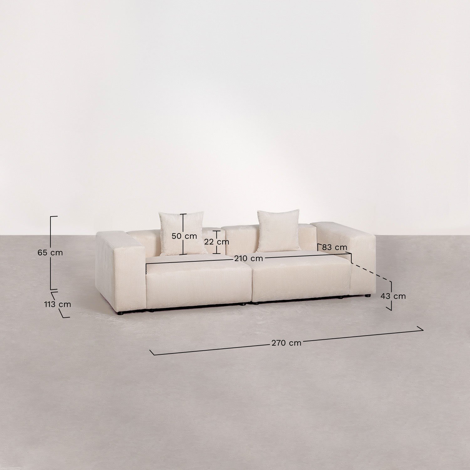 Sofá modular de 2 peças ↔︎270 cm com apoio de braço alto Bruna, Dimensões