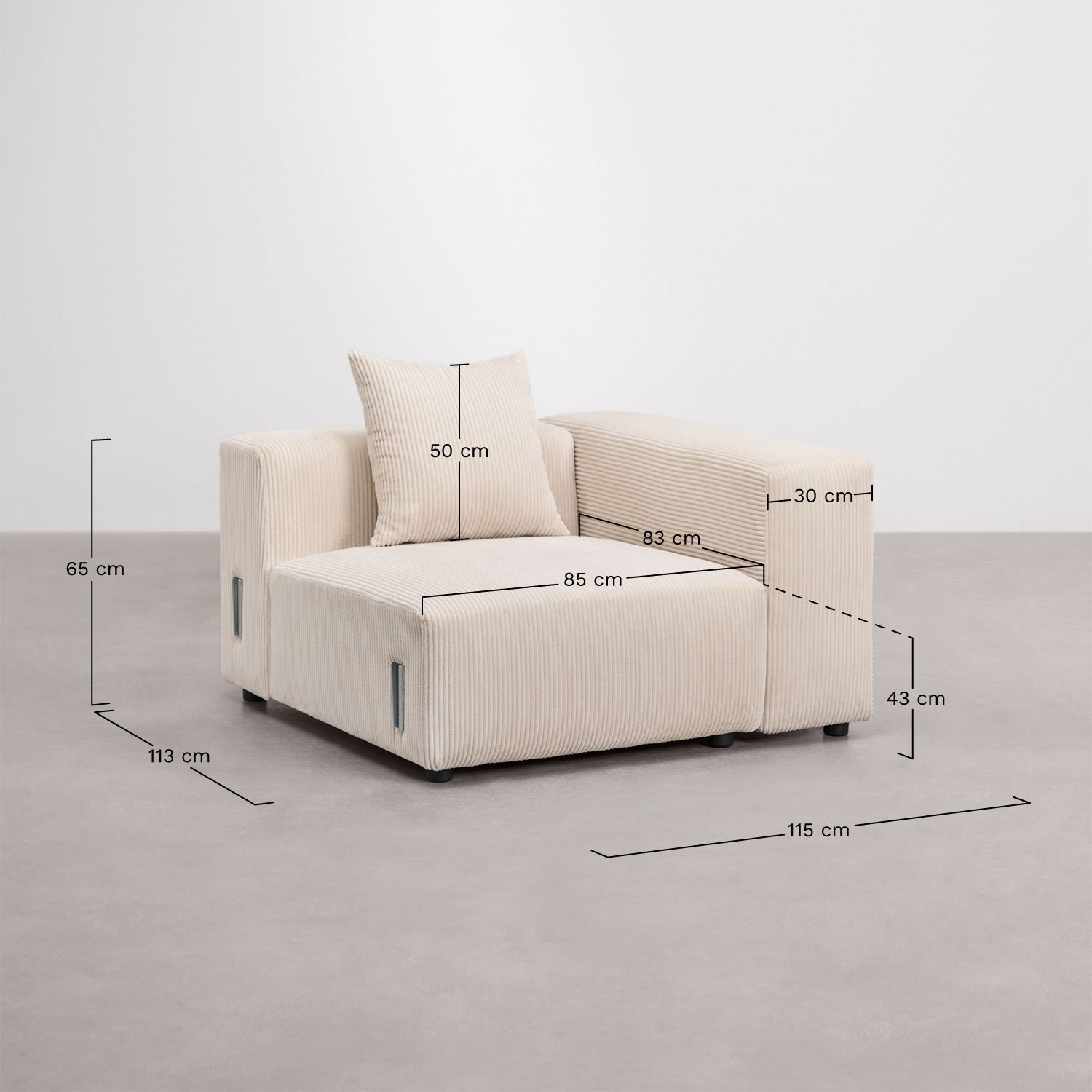 Módulo de canto direito 115x113 cm com apoio de braço alto e almofada para sofá modular Bruna, Dimensões