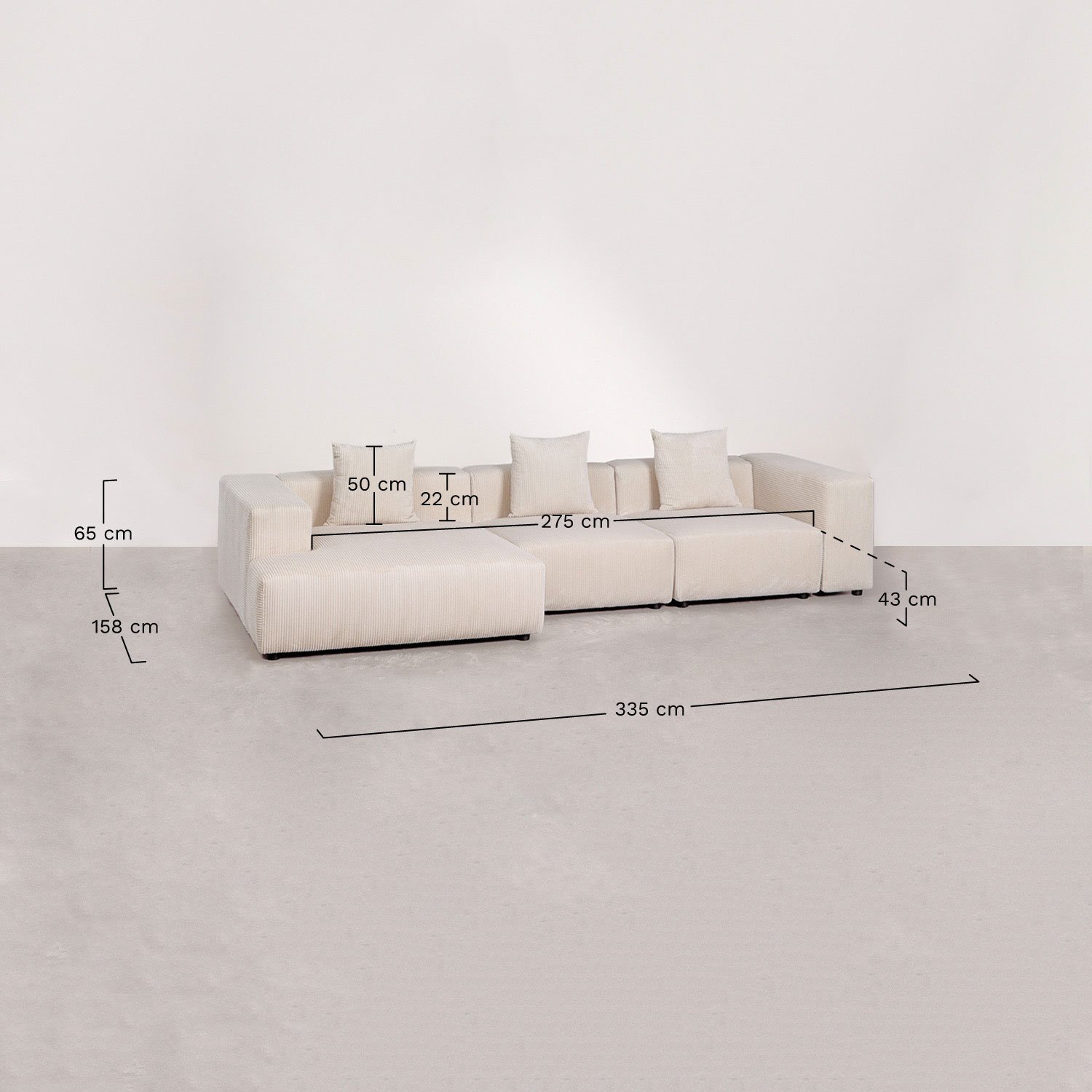 Sofá modular chaise longue esquerdo de 3 peças ↔︎335 cm com apoio de braço alto Bruna, Dimensões