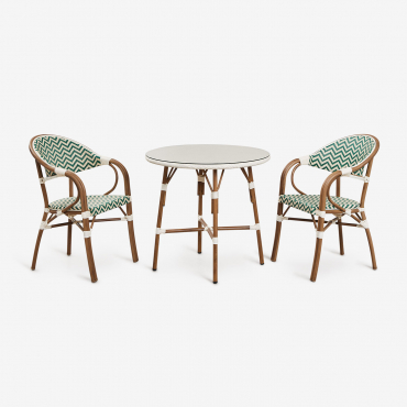 Conjunto De Mesa Redonda Brielle Bistro Ø80 Cm E 2 Cadeiras De Jantar Empilháveis Com Braços Em Alumínio Verde Couve - Gardénia Branco - Sklum