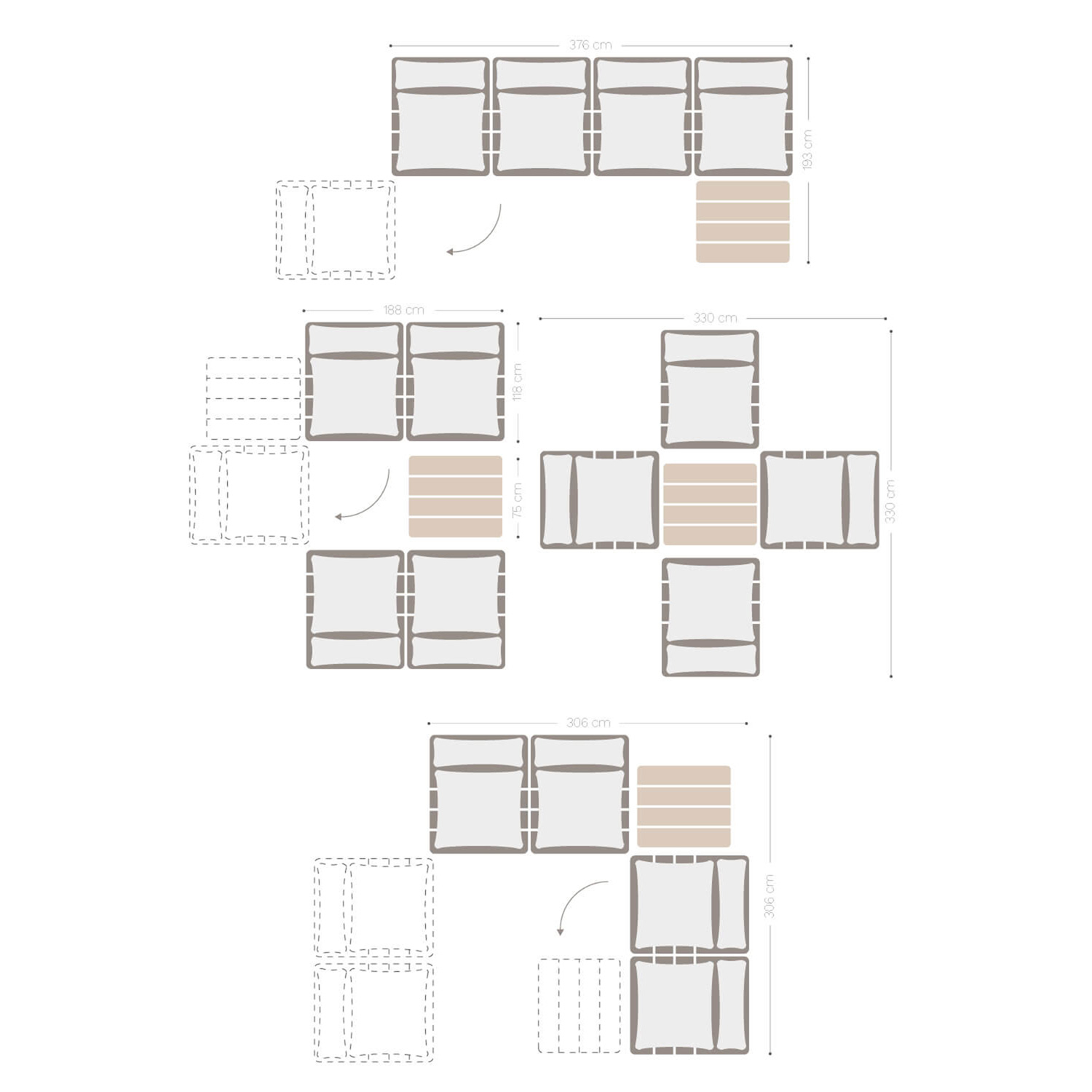 Conjunto de sala com sofá modular reclinável de 4 peças e mesa de centro em madeira de acácia Brina, Dimensões