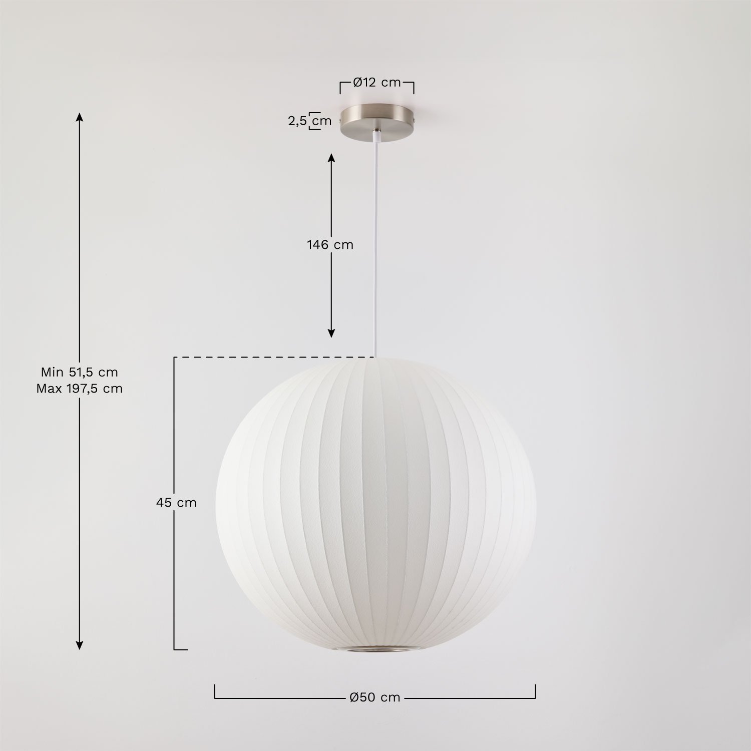 Luminária de teto em seda artificial e ferro Worel, Dimensões