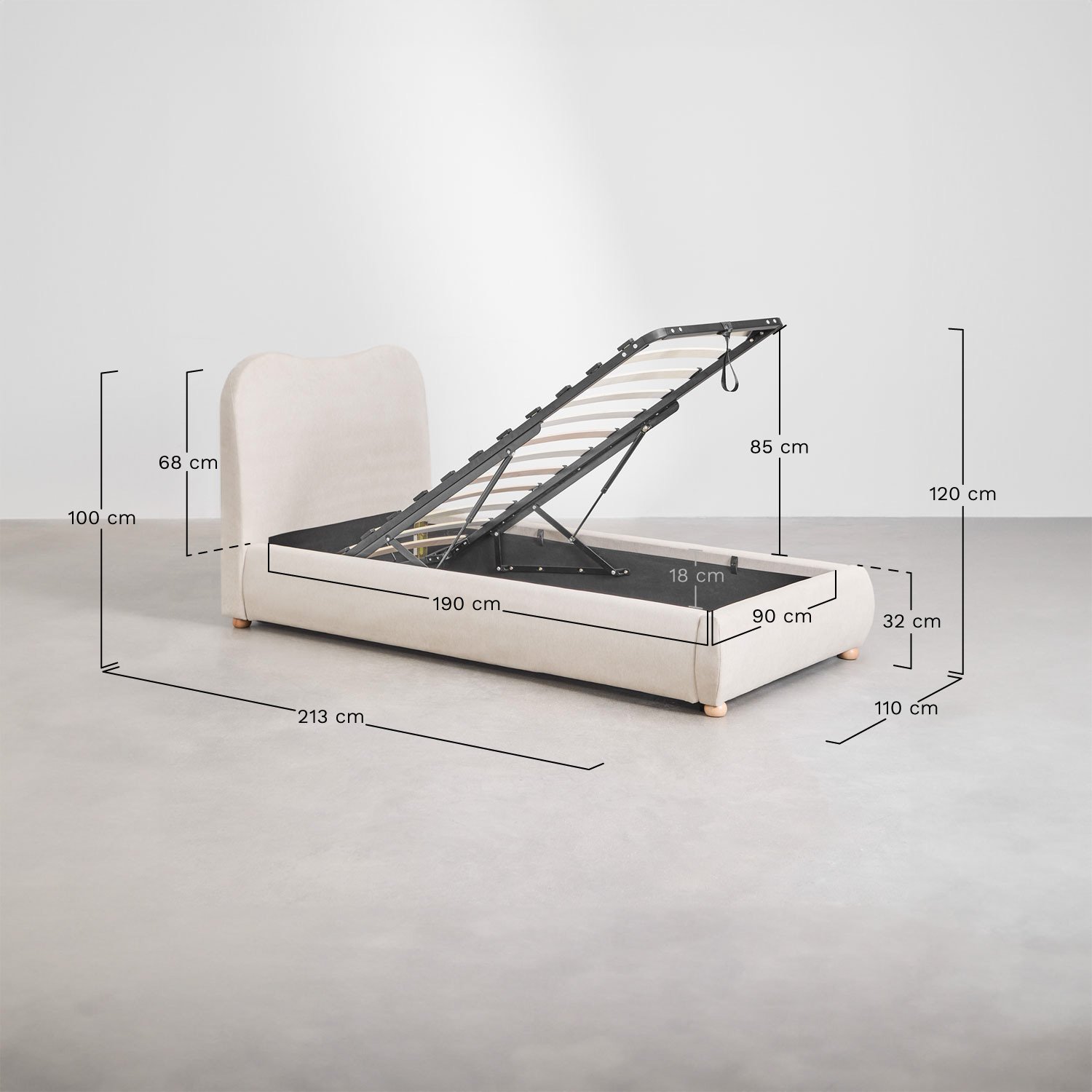 Cama com baú articulado estofada Winselet, Dimensões