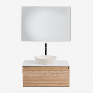 Conjunto De Móvel De Casa De Banho Em Madeira De Freixo Tedrik Castanho Fresno & Cimento Redondo Branco Ø40 Cm Zavion & Led - Sklum