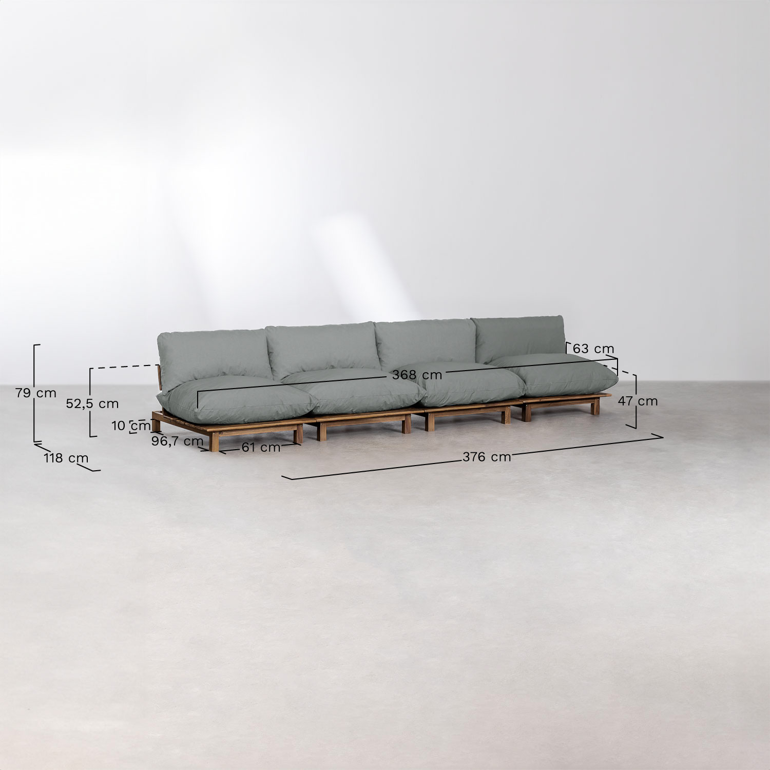 Conjunto de sala de estar com sofá modular reclinável de 4 peças, mesa de centro e puff em madeira de acácia Brina, Dimens&otilde;es