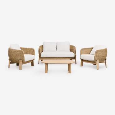 Conjunto De Sala De Estar Leilan Com Um Sofá De 2 Lugares, 2 Poltronas E Uma Mesa De Centro Em Madeira De Acácia E Rattan Marrom Acácia Claro - Sklum