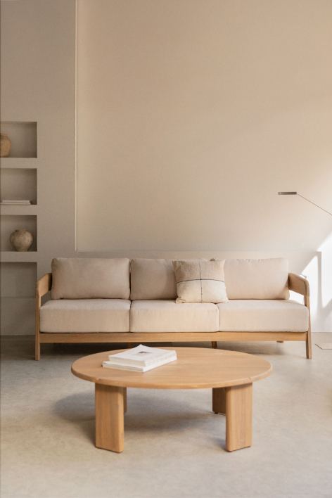 Conjunto de sala com sofá de 3 lugares e mesa de centro em madeira de acácia Uleno