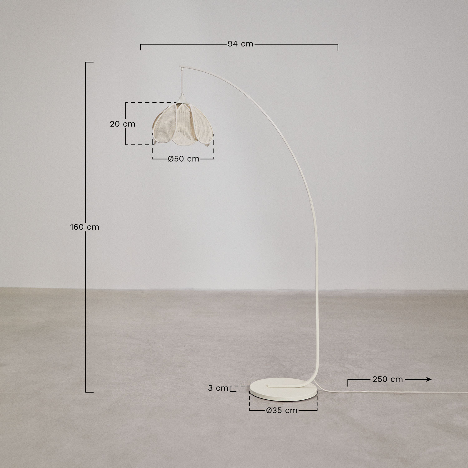 Luminária de chão em ferro e linho Vidson , Dimensões