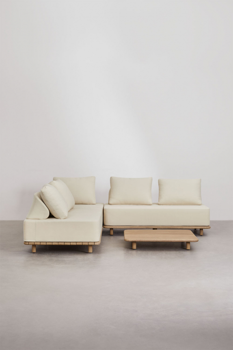 Conjunto de sala com sofá modular de canto de 3 peças e mesa de centro 95x95 cm em acácia Portet