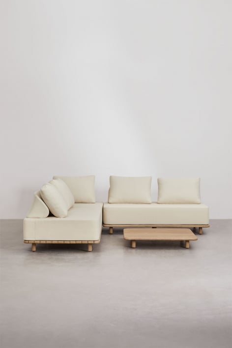 Conjunto de sala com sofá modular de canto de 3 peças e mesa de centro 95x95 cm em acácia Portet