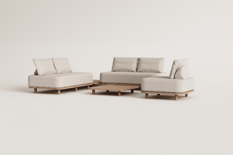 Conjunto de sala com sofá modular de canto de 2 peças, mesa auxiliar, poltrona e mesa de centro 95x95 cm em acácia Portet