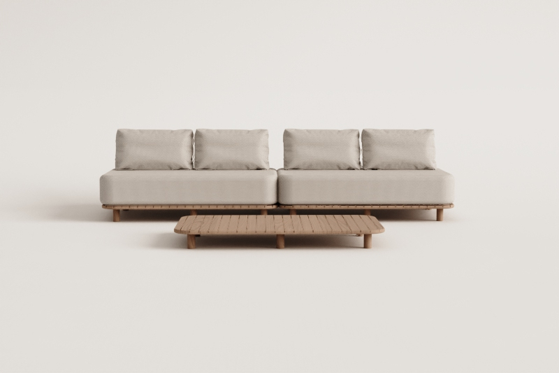 Conjunto de sala com sofá modular de 2 peças de 2 lugares e mesa de centro 160x95 cm em acácia Portet