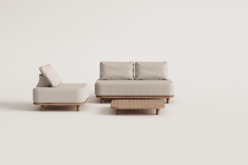 Conjunto de sala com sofá de 2 lugares, poltrona e mesa de centro 95x95 cm em acácia Portet