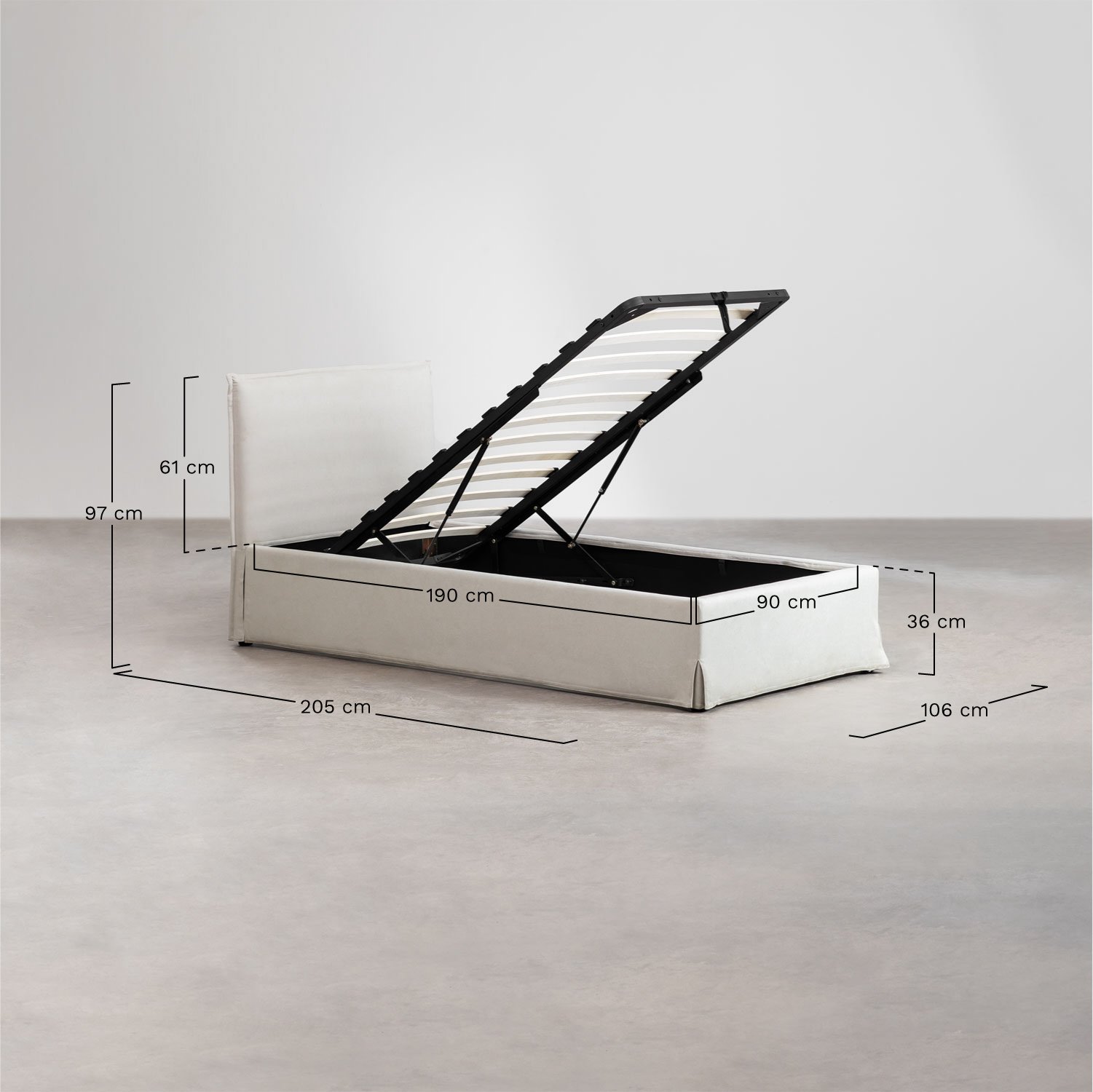 Cama com estrado elevatório estofada Lorea, Dimensões