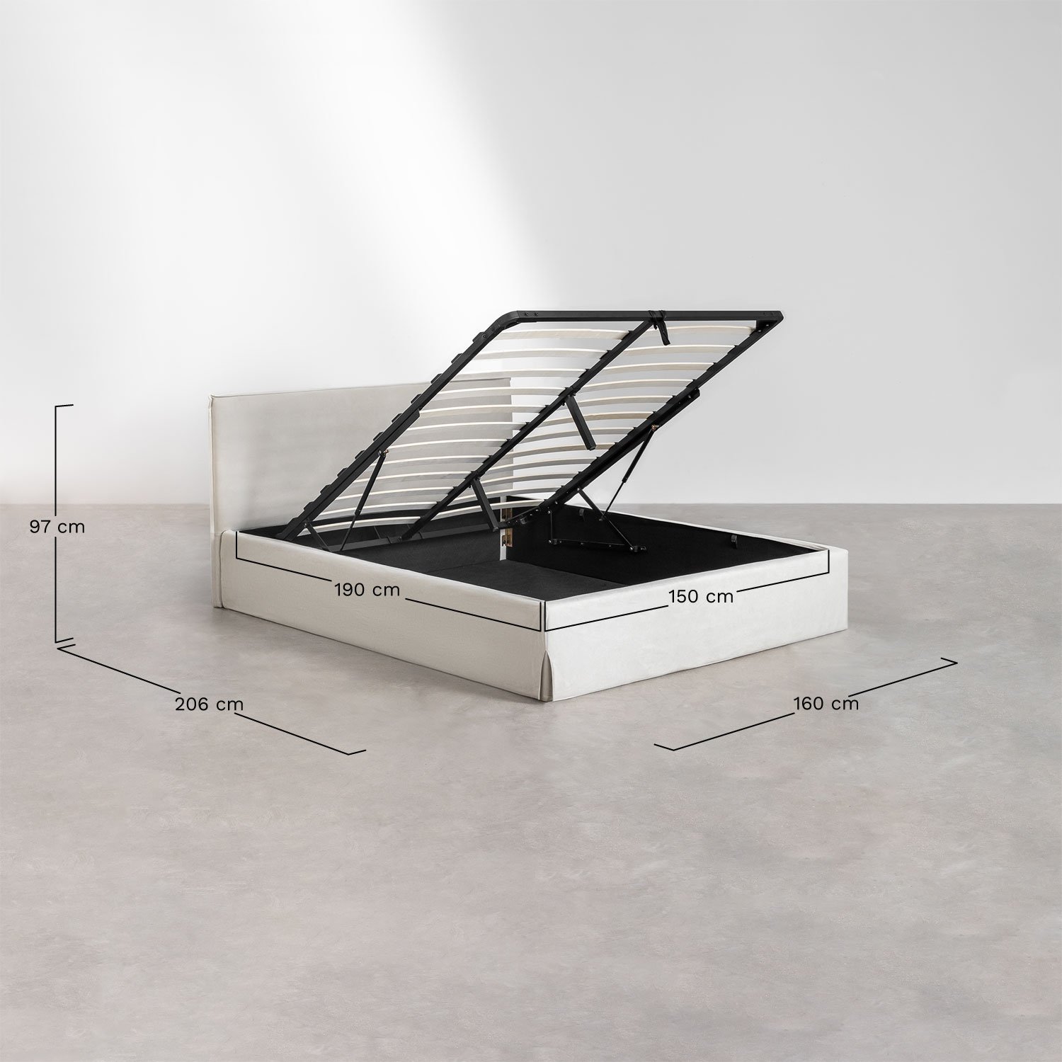 Cama com estrado elevatório estofada Lorea, Dimensões