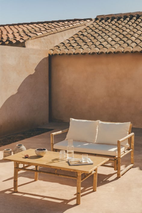 Conjunto de jardim com sofá de 2 lugares e mesa de centro 90x50 cm em bambu Livayna