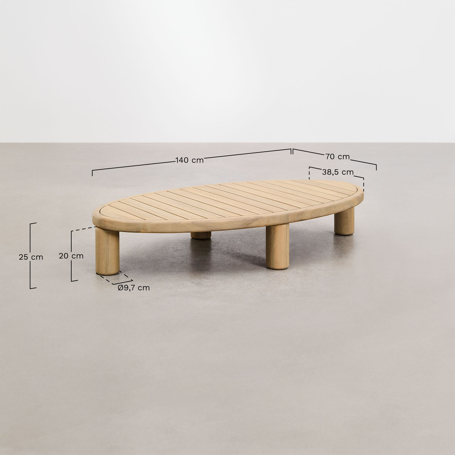 Mesa de centro oval em madeira de acácia 140x70 cm Jerome, Dimensões