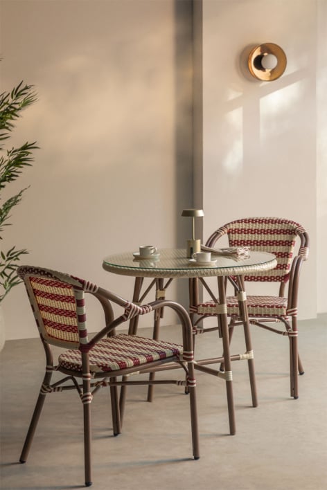 Conjunto de mesa redonda Ø80 cm Brielle Bistro e 2 cadeiras com braços em rattan sintético e alumínio Solange Bistro
