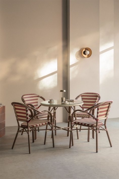 Conjunto de mesa redonda Ø80 cm Brielle Bistro e 4 cadeiras com braços em rattan sintético e alumínio Solange Bistro