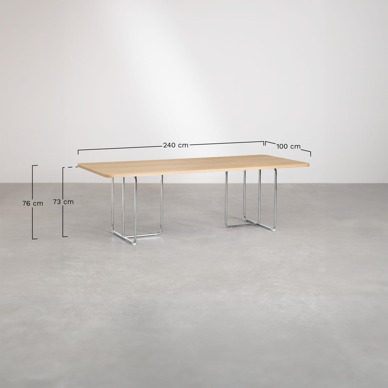 Conjunto de mesa retangular 240x100 cm em MDF e aço inoxidável e 10 cadeiras de jantar com braços Tento, Dimensões