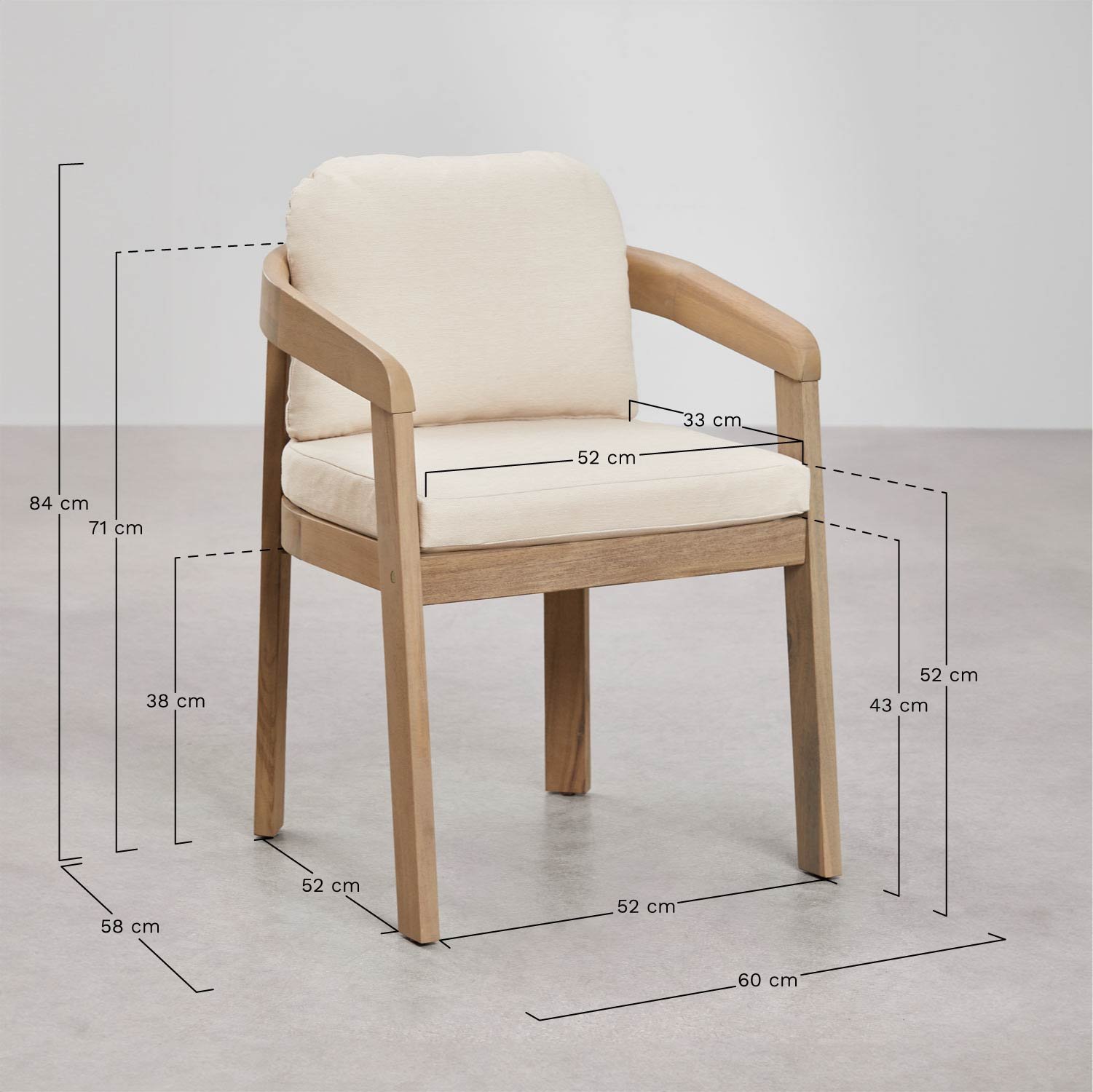 Conjunto de mesa retangular 180x90 cm em madeira de acácia Kaela e 6 cadeiras de jardim em madeira de acácia Uleno, Dimensões