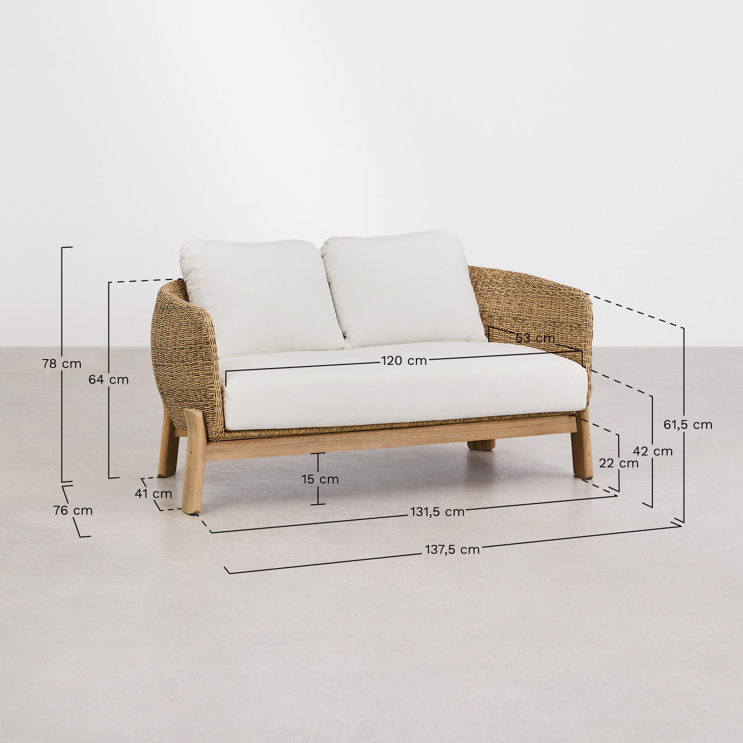 Conjunto de jardim Leilan com sofá de 2 lugares e mesa de centro em madeira de acácia e rattan, Dimensões