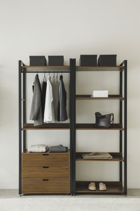 Armário modular aberto de 2 peças com gavetas, estante em aço e MDF Ariaster