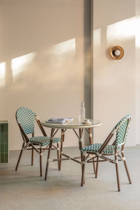 Conjunto de mesa redonda Ø80 cm e 2 cadeiras de jantar empilháveis em alumínio Brielle Bistro - Verde Couve - Gardénia Branco