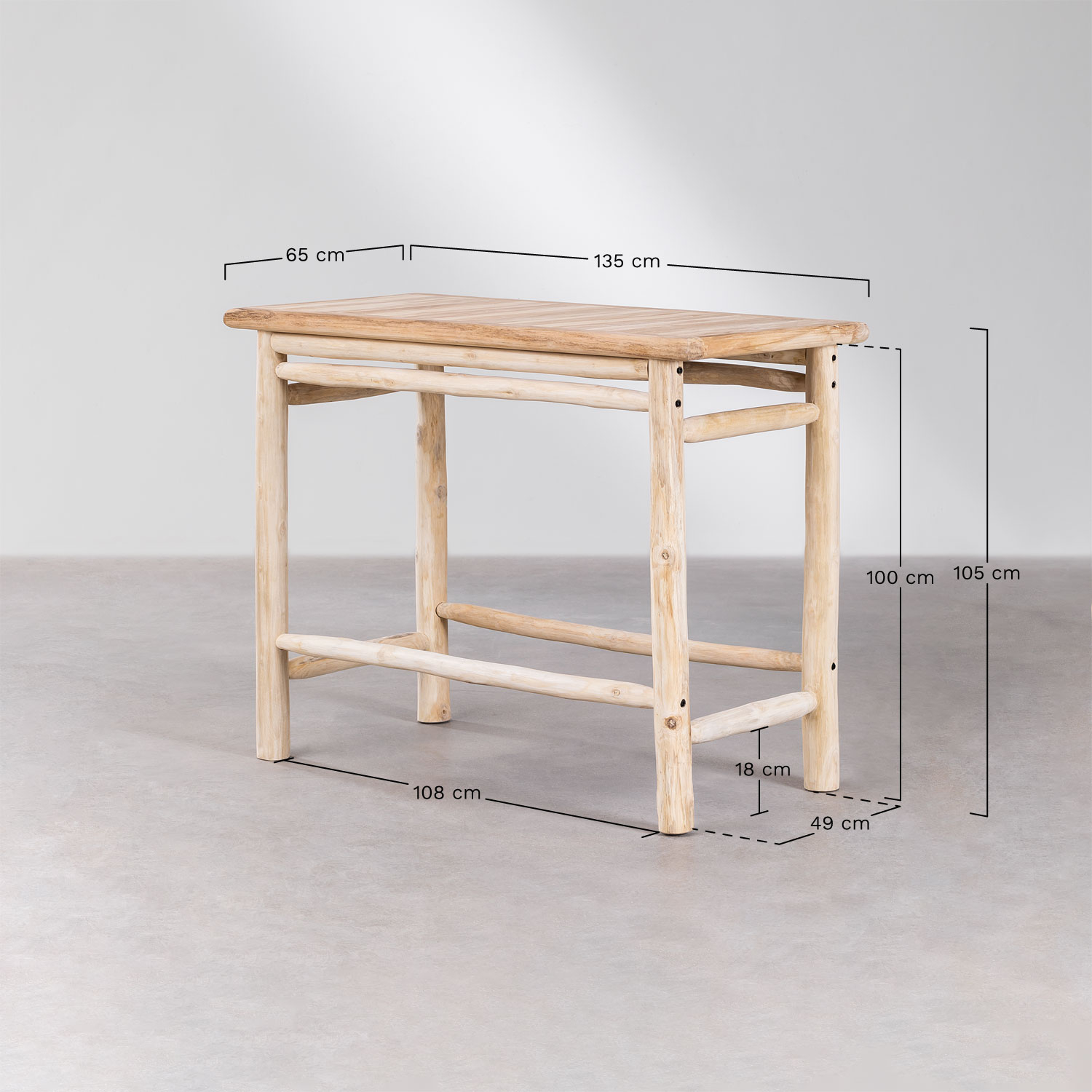 Mesa alta retangular 134x65 cm em madeira de teca Narel, Dimensões