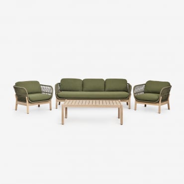 Conjunto De Jardim Karvia Com Sofá De 3 Lugares, 2 Poltronas E Mesa De Centro Em Alumínio E Madeira De Acácia Bouclé Verde Sálvia - Sklum