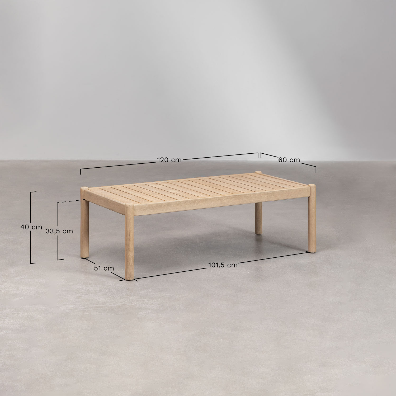 Mesa de centro retangular 120x60 cm em madeira de acácia Karvia, Dimensões