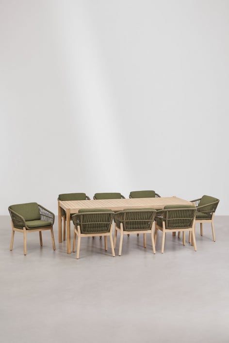 Conjunto de mesa retangular 220x100 cm e 8 cadeiras de jantar em madeira de acácia e corda trançada Karvia