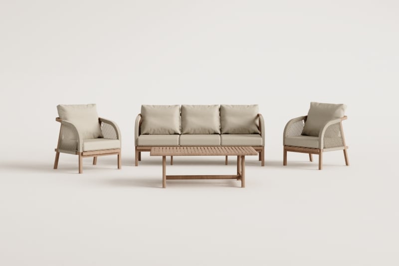 Conjunto de sala com sofá de 3 lugares, 2 poltronas e mesa de centro em madeira de acácia Dubai