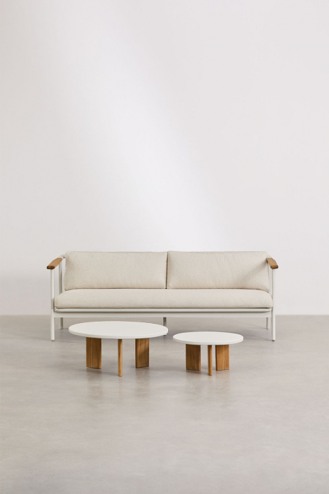 Conjunto de sala de estar com sofá de 3 lugares em tecido bouclé e 2 mesas de centro em alumínio Yervin