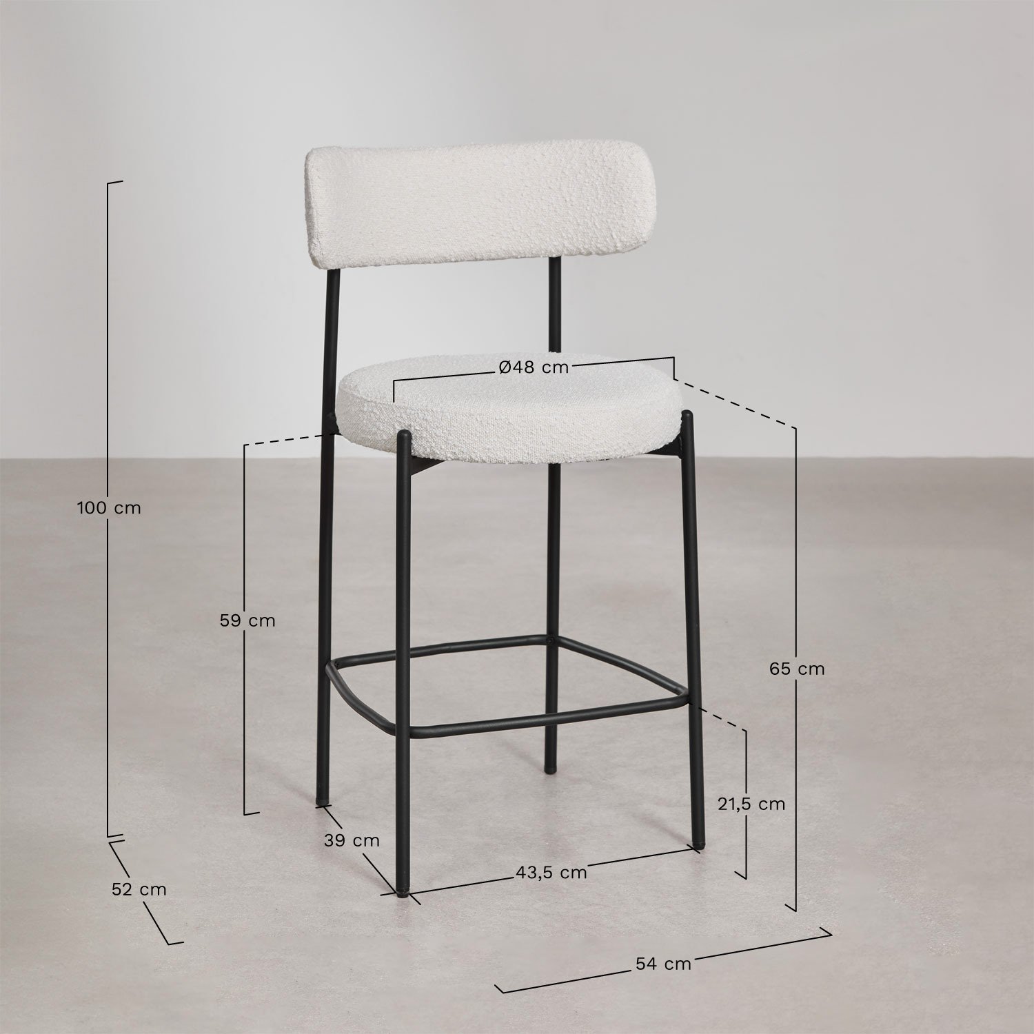 Banqueta Anisa 65 cm alta com encosto estofado, Dimensões