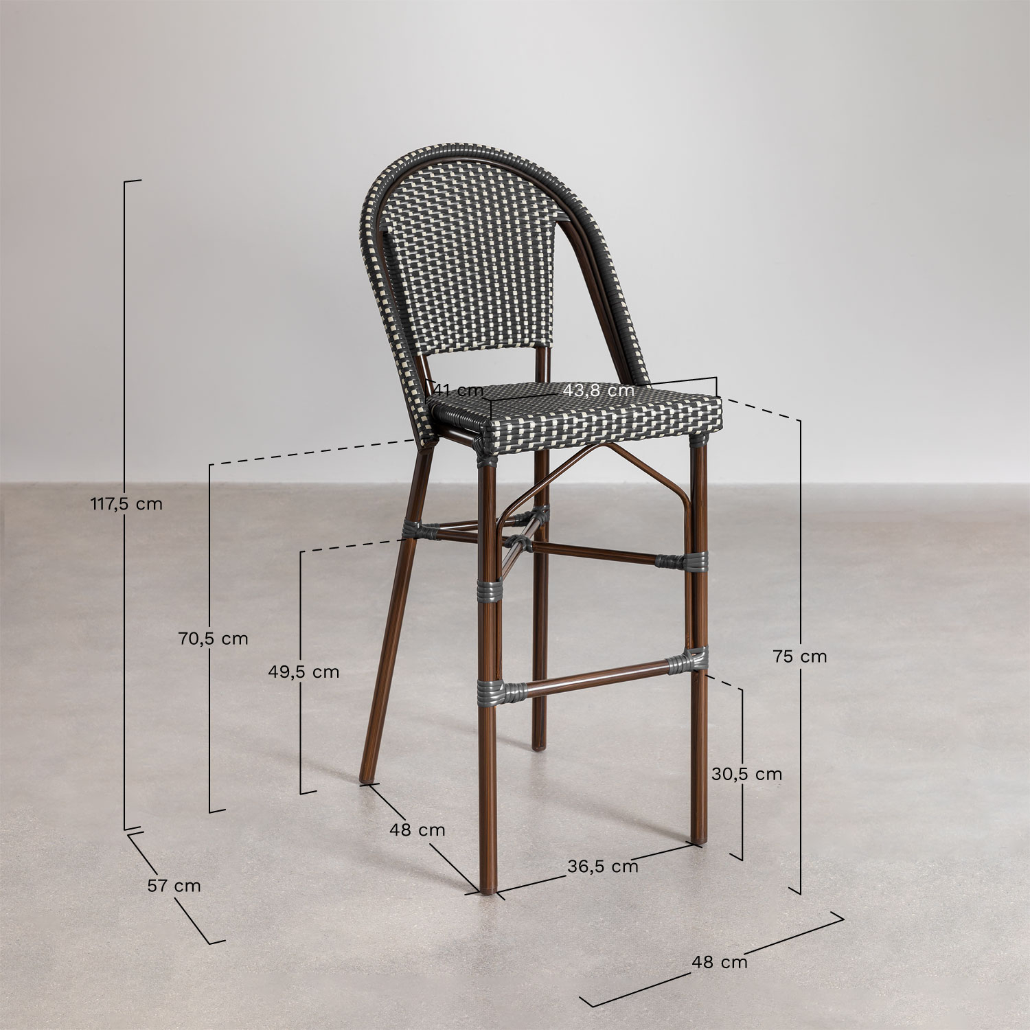 Brielle Bistro Banco alto de jardim empilhável de 2 peças com encosto em alumínio e rattan sintético, Dimensões