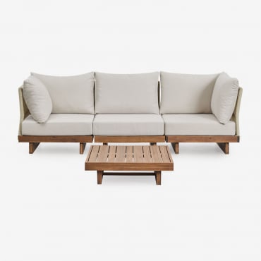 Conjunto De Jardim Com Sofá Modular De 3 Peças Com 2 Cadeirões De Canto E Mesa De Centro Em Madeira De Acácia Dailin Castanho Acácia - Sklum