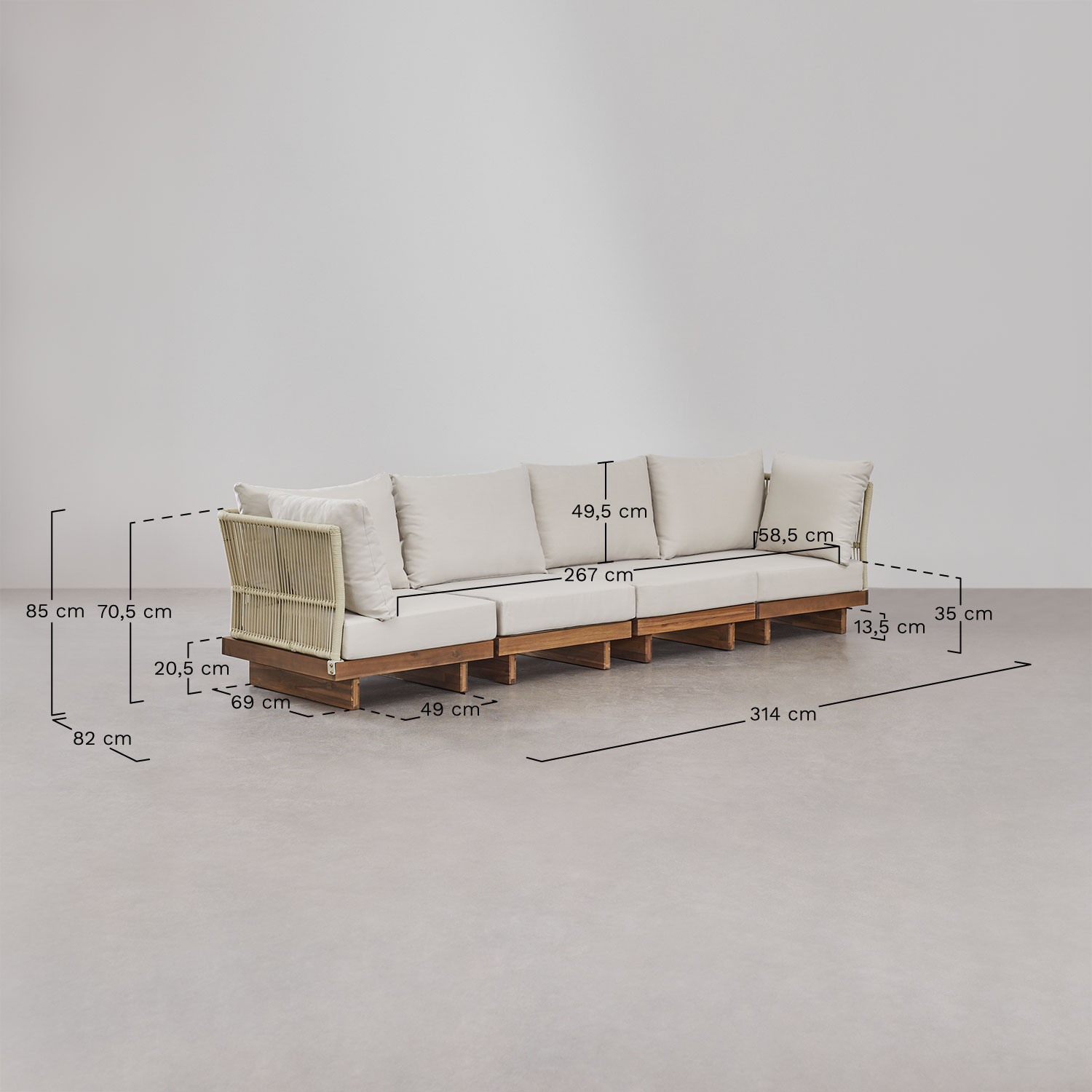 Conjunto de sofá de jardim modular Dailin de 4 peças com 2 cadeiras de canto, mesa de centro, poltrona e pufe em madeira de acác, Dimensões